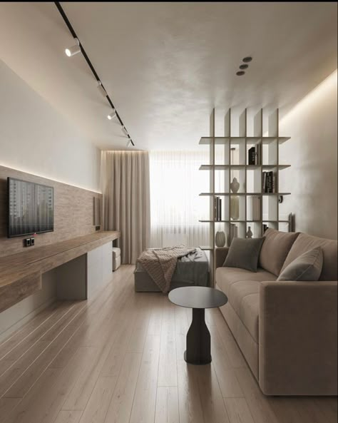 Modern Classic Living Room Luxury, Classic Living Room Luxury, Living Room And Bedroom Combo, Luxury Studio Apartments, Apartemen Studio, Studio Apartment Ideas Minimalist, Modern Classic Living Room, Small Apartment Bedrooms, Studio Apartment Design