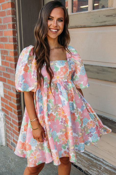 $9.42 Pink Summer Floral Square Neck Puff Sleeve Babydoll Dress Wholesale Puff Sleeve Babydoll Dress, Vestidos Color Rosa, Babydoll Style, Floral Squares, Preppy Summer, Puffed Sleeves Dress, Pink Summer, Summer Floral, Plus Dresses