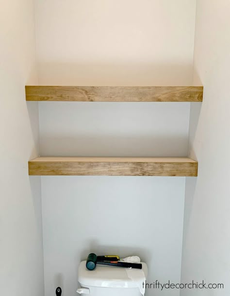 Shelves Behind Toilet, Floating Shelves Over Toilet, Floating Wood Shelves, Diy Shelves Bathroom, How To Make Floating Shelves, Above Toilet, Bathroom Wood Shelves, Shelves Above Toilet, Shelves Over Toilet