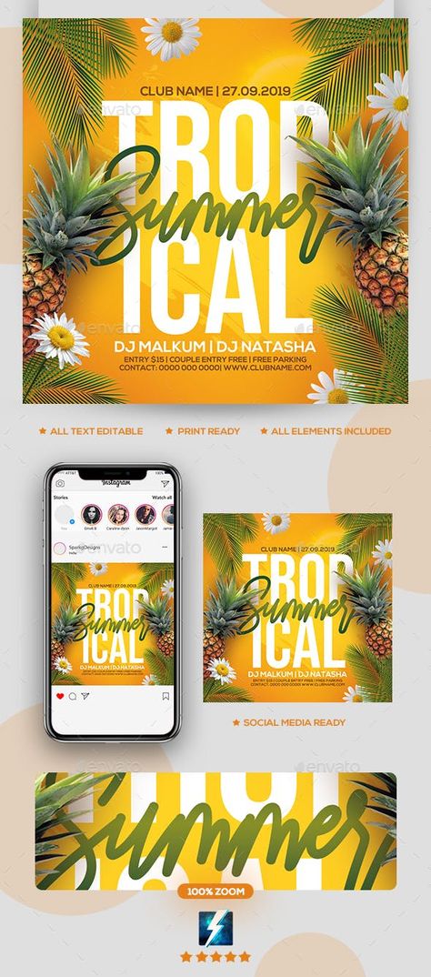 Tropical Summer Party, Summer Party Flyer, Business Advertisement, Tropical Poster, Food Flyer, Party Flyer Template, Birthday Club, Festival Flyer, Summer Party Decorations