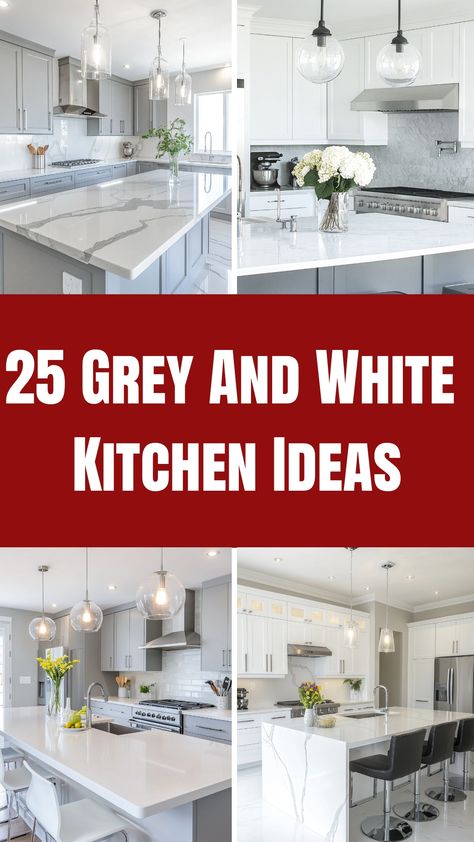 25 grey and white kitchen ideas collage with modern designs and island countertops. Light Grey Cabinets White Countertops, White Cabinets Gray Island Kitchen, White Backsplash Kitchen Grey Cabinets, Grey Kitchen With White Worktop, White And Grey Kitchen Dining Room, Light Gray Kitchen Cabinets With White Quartz Countertops, Kitchen Grey Cabinets White Counter, Kitchen Ideas White Cabinets Grey Walls, White Cabinets Grey Quartz Countertops