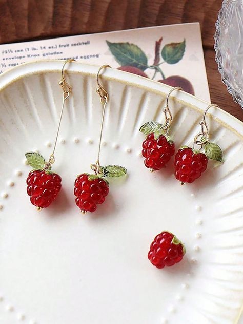 2pcs/Set Handmade Raspberry Shaped Resin Earrings, Sweet Red Berry Dangle EarringsI discovered amazing products on SHEIN.com, come check them out! Raspberry Accessories, Raspberry Earrings, Raspberry Jewelry, Berry Earrings, Earrings Aesthetic, Beaded Jewlery, Fruit Earrings, Earring Ideas, Resin Earrings