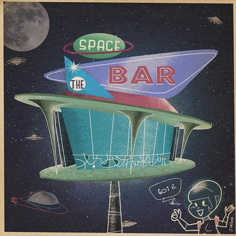 Julian Weber retrocartoons.de on Instagram: “THE SPACE BAR . . #spacebar #spaceage #space #scifi #artwork #Illustration #pun #outerspace #playonwords #julianweber #retro #cartoon” Retro Space Illustration, Old Space Aesthetic, Retro Scifi Aesthetic, 60s Space Aesthetic, 50s Space Aesthetic, Space Punk Aesthetic, Vintage Space Aesthetic, 50s Futurism, 50s Space