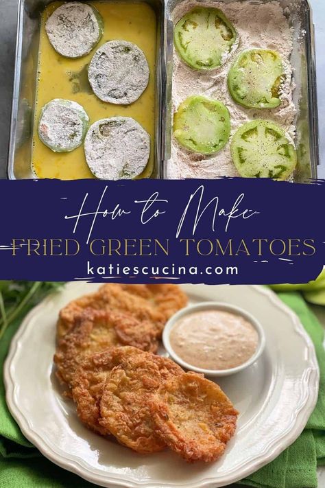 If you love Southern Fried Green Tomatoes you'll love this easy recipe for Fried Green Tomatoes with a semi-homemade Cajun Ranch Dipping Sauce. I share both deep fried and Air Fryer instructions. Fried Green Tomatoes No Cornmeal, Fried Green Tomato Air Fryer, How To Cook Fried Green Tomatoes, Deep Fried Green Tomatoes, Batter For Fried Green Tomatoes, Fried Green Tomatoes Without Buttermilk, Fried Green Tomatoes Recipe Easy With Flour, Easy Fried Green Tomatoes Air Fryer, Fried Green Tomatoes Without Cornmeal