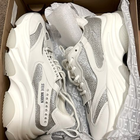 Steve Madden Bling Sneakers Bling Sneakers, Steve Maddens, Steve Madden Sneakers, Shoes Steve Madden, Sneaker Shopping, Steve Madden Shoes, White Silver, Bling Bling, Steve Madden