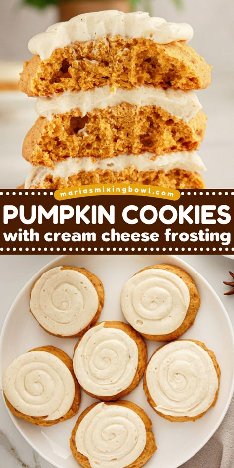 These Pumpkin Cookies With Cream Cheese Frosting are the perfect fall treat! Made with pureed pumpkin and warm spices, these soft and chewy cookies are topped with a rich cream cheese frosting for the ultimate sweet treat. Cream Cheese Frosting For Pumpkin Cookie, Pumpkin Oatmeal Cookies With Cinnamon Frosting, Pumpkin Cream Cookies, Pumpkin Cookies With Frosting, Pumpkin Cream Cheese Cookies Easy, Betty Crocker Pumpkin Spice Cookie Mix Recipes, Betty Crocker Pumpkin Cookies, Soft Pumpkin Cookies With Cream Cheese, Easy Desserts Pumpkin