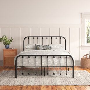 Andover Mills™ Alberton Low Profile Platform Bed | Wayfair Black Iron Beds, Black Metal Bed Frame, Black Metal Bed, Black Bed Frame, Spindle Bed, Iron Bed Frame, Slatted Headboard, Iron Bed, Metal Platform Bed