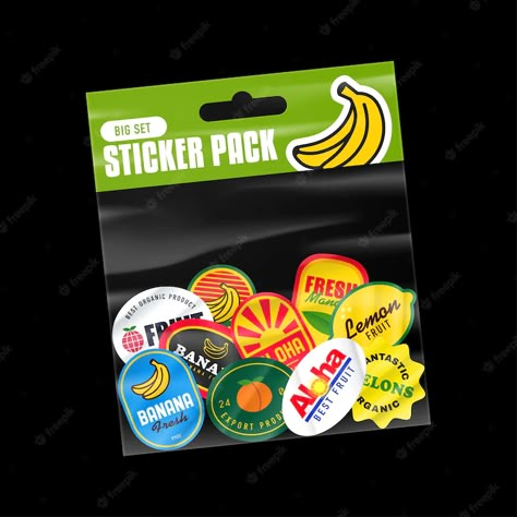 Fruit Label Sticker, Sticker Package Design, Sticker Pack Packaging, Fruit Package Design, Sticker Sheet Design, Fruit Label Design, Banana Packaging, Cute Fruit Stickers, Juice Box Design