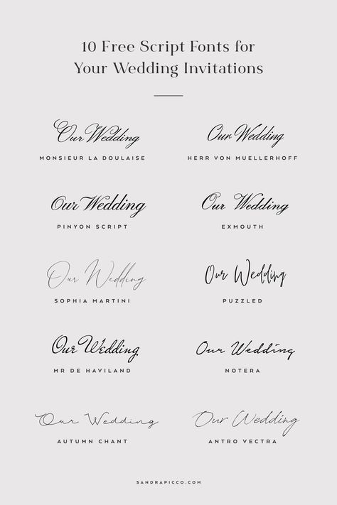 10 Free Script Fonts for Wedding Invitations - sandrapicco.com Wedding Sign Fonts Dafont, Dafont Wedding Fonts, Popular Wedding Fonts, Cursive Wedding Fonts, Wedding Envelope Fonts, Wedding Fonts Dafont, Adobe Fonts For Wedding, Free Canva Wedding Fonts, Free Wedding Fonts Download