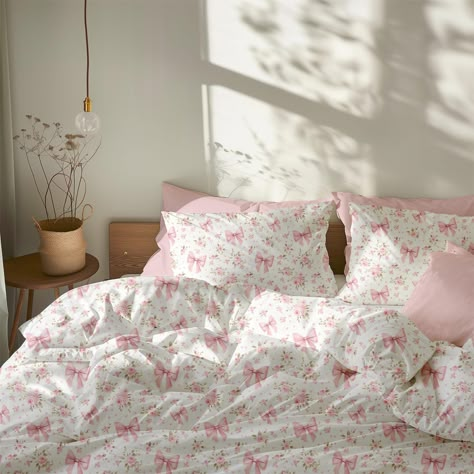 Designing a floral coquette bedroom or dorm room? Then this pink floral coquette bedding set is a perfect match for your pink floral bedding and coquette decor!  ♥ BEDDING OPTIONS This floral pink bow bedding set comes with the option to purchase just the floral coquette comforter or duvet cover in your choice of twin, twin xl, queen, or king size (depending on which option you select between comforter and duvet), as well as the option to add on the matching 2 coquette pillowcases. 1.  Comforter Light Pink Minimalist Bedroom, Cute Pink Beds, Pink And White Duvet Cover, Pink Coquette Bedding, Pink Bedsheets Aesthetic, Floral Bed Sheets Coquette, Bow Bedding Set, Coastal Granddaughter Pink, Coquette Comforter