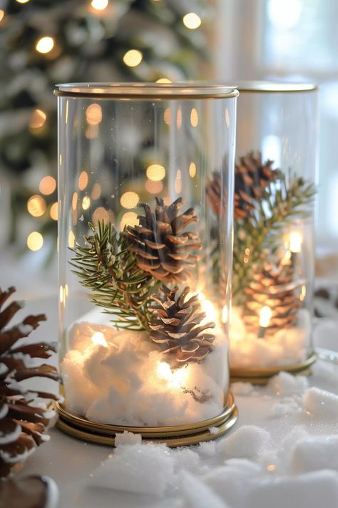 Winter Decor Party, Easy Christmas Wedding Centerpieces, Christmas Decor Ideas Center Table, Christmas Decor Ideas Using Glass Vases, Winter Forest Centerpiece, Table Scatter Ideas, Small Christmas Decorations Diy, Corporate Christmas Party Ideas Table Decorations, Inexpensive Christmas Table Centerpieces