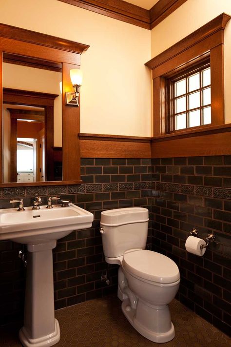 WIth its richly-colored tile, the powder room has an Arts & Crafts feeling. Craftsman Powder Room, Craftsman Style Bathrooms, Craftsman Style Interiors, Craftsman Interiors, Craftsman Bathroom, Craftsman Decor, Craftsman Interior, Craftsman Bungalow, Craftsman Style Home