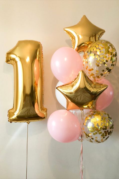 Birthday Balloon Bundle CUSTOM AGE Star Confetti Filled Classic Balloon Pink Gold Girly First Birthday Decoration Anniversary Year Celebrate any occasion with this part essential, a number balloon bundle. Pretty gold and pink party decoration that will make a great choice for fun girly events. The balloon bundle features stars, confetti-filled, classic balloons, and a large custom number balloon. Pink And Golden Birthday Theme, One Year Balloon Decoration, First Birthday Girl Balloons, 1 Balloon Number, Gold And Pink Party, Pink Gold Balloons, Gold And Pink Birthday, Pink And Gold Balloons, Golden Birthday Themes