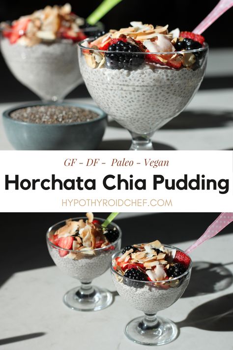 This Horchata Chia Pudding takes its flavor cues from traditional ingredients like coconut, almond, and cinnamon while omitting rice, dairy milk, and sugar.   For extra nutritional bonus points, this sugar-free chia pudding provides a significant dose of fiber, omega-3 fats, and even some complete plant-based protein. Best of all, it comes together in just a few minutes!  Click to grab the printable recipe!     #HealthyRecipes #NourishThyroid #ThyroidDiet #hypothyroidism #hashimotos Chia Pudding Soy Milk, Coconut Cream Pie Chia Pudding, Chia Seed Hemp Heart Pudding, Dairy Free Chai Pudding, Horchata Chia Pudding, Anti Inflammation Chia Pudding, Cinnamon Roll Chia Pudding, Over Night Chia Pudding, Dairy Free Chia Pudding