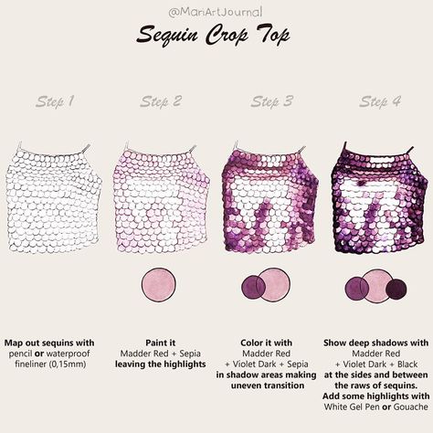 Hello my darlings!9th TUTORIAL on sequins 👇👇👇. LIKE if it helps you ❤  BTW, what do you think about watercolor swatches?) . 🔹 Not all… How To Color Velvet Fabric Drawing, Fabric Coloring Tutorial, Sequin Illustration, Watercolor Swatches, Fashion Illustration Tutorial, Fashion Figure Drawing, Fabric Drawing, Fashion Illustrations Techniques, Fashion Drawing Sketches