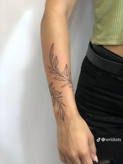 Forearm Leaf Tattoo Women, Vine Up The Arm Tattoo, Leaf Patchwork Tattoo, Vines Around Words Tattoo, Vine Around Forearm Tattoo, Wrap Around Forearm Tattoo Women Simple, Leaf Wrap Around Tattoo Forearm, Leaf Tattoo Arm Wrap, Vine Tattoo On Forearm