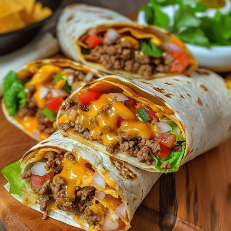 Nacho Beef Wrap, Delicious Wrap Recipes, National Night Out Food Ideas, Nacho Cheese Beef Burritos, Classic Dinner Recipes Comfort Foods, Nacho Cheese Burrito, Taco Burrito Wrap, Beefy Nacho Cheese Wraps, Food Recipes Wraps