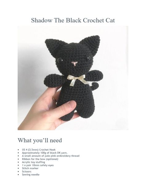 Crochet Realistic Cat Free Pattern, Simple Cat Crochet Pattern, Cat Plushie Crochet Pattern Free, Tuxedo Cat Crochet Pattern, Crochet Cryptid Free Pattern, No Sew Cat Crochet Pattern Free, Crochet Cat Stuffed Animal, Crochet Ideas With Black Yarn, Cat Toy Crochet Pattern Free