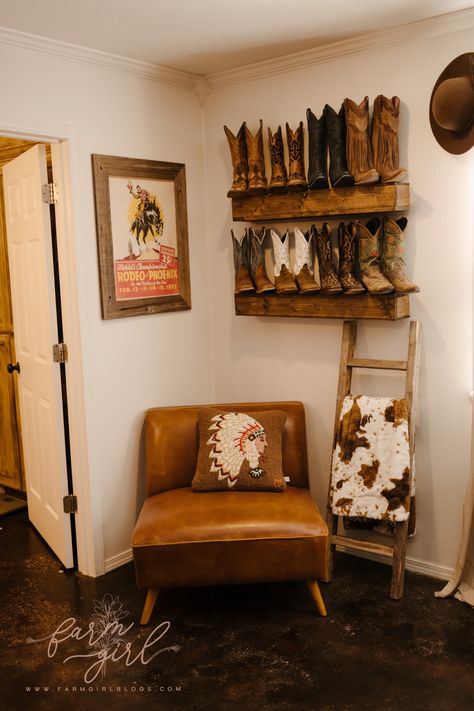 Rustic Ranch master bedroom suite by Farm Girl Home Design - farmgirlblogs.com Cowboy boot shelves. Windmill Bedroom Decor, Cowgirl Boot Shelf, Western Boot Display, Boot Shelf Western, Western Shelf Decor, Rustic Western Home Decor, Western Room Ideas, Western House, Diy Western