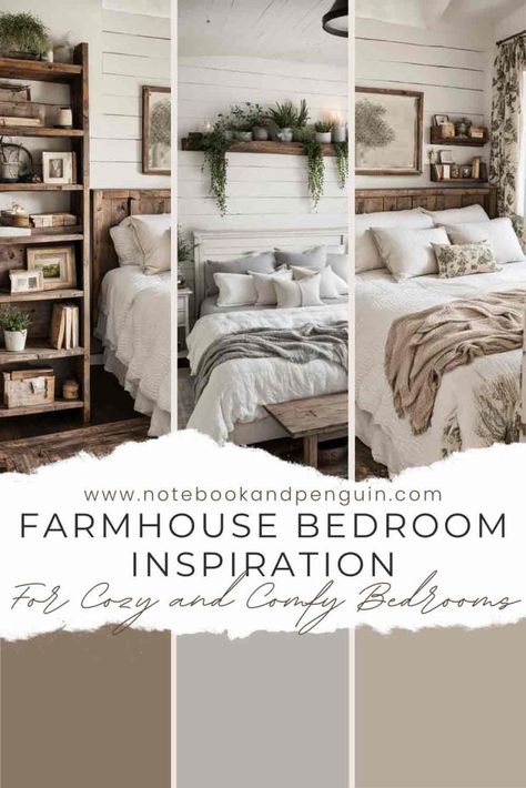 15+ Cozy Farmhouse Bedroom Ideas & Inspiration (With Pics) Farmhouse Black Bedroom, Queen Bedding Ideas Inspiration, Rustic Neutral Bedroom, Hygge Bedroom Aesthetic, Moody Cottage Bedroom, Organic Bedroom Decor, Farmhouse Bedding Ideas, Farmhouse Bedroom Paint Colors, Cozy Farmhouse Bedroom Ideas