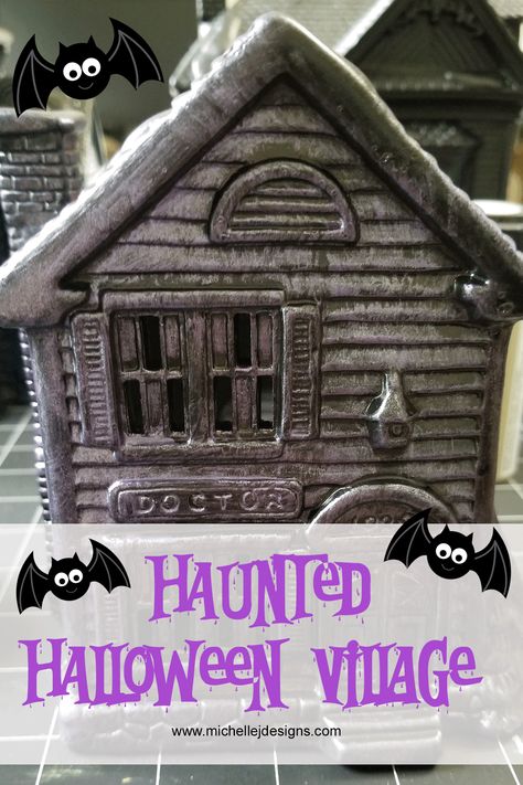 This spooky Halloween Village set used to be a Christmas Village. It had seen better days and has been transformed into fun Halloween home decor! #michellejdesgins #halloweendecor #hauntedahalloween Diorama Diy, Halloween Minis, Accent Paint, Halloween Houses, Halloween Products, Glossy Paint, Mini Houses, Spooky Town, Halloween 20