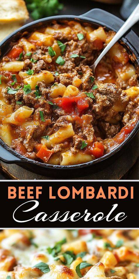 Looking for a comforting, delicious meal to serve your family? This Beef Lombardi Casserole recipe is the perfect choice! Loaded with savory ground beef, gooey cheese, and a flavorful tomato base, it's an easy weeknight dinner that'll become a family favorite. 👨‍👩‍👧‍👦 👉 Try this Beef Lombardi Casserole Tonight and enjoy a cozy, home-cooked meal everyone will rave about! #EasyRecipes #CasseroleRecipe #BeefLombardi #FamilyDinner #ComfortFood #QuickMeals #WeeknightDinner #CheesyCasserole Beef Lombardi, Crockpot Casserole Recipes, Summer Ground Beef Recipes, Creamy Noodles, Beef Recipes Summer, Curry Soup Recipes, Easy Beef Recipes, Main Dish Casseroles, Crockpot Casserole