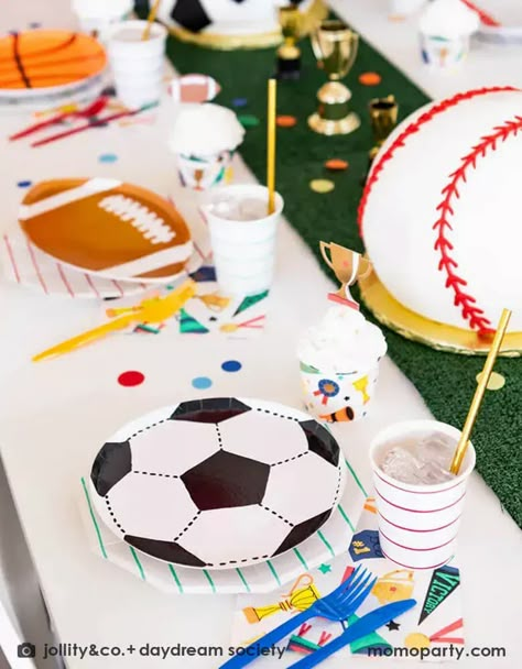 Throwing a sport themed party for your kids? Check out Momo Party's Sport Party Collection with unique sport themed tableware, decorations and fun party balloons. Perfect for kid's birthday parties or team championship celebrations! Check out momoparty.com for more party decorating ideas and themed party supplies now! Sports Centerpieces, Half Birthday Party, Ampersand Design, Sports Theme Birthday, Sports Birthday Party, Football Theme Party, Team Party, Ball Birthday, Half Birthday