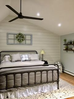 Shiplap Wall Bedroom Decorating Ideas, Bedroom Farmhouse Accent Wall, Bedroom With White Shiplap Accent Wall, Bedrooms With Shiplap Walls, Shiplap Wall Bedroom Farmhouse Style, Rustic King Size Bed Frame, Bedroom Accent Wall Headboard, Farmhouse Bedroom With Accent Wall, Rustic Industrial Decor Master Bedrooms