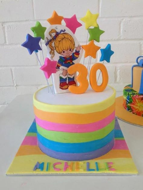 Rainbow Bright Cake, Rainbow Brite Cake, Rainbow Brite Birthday Party, 80s Cake Ideas, 90s Bday Party, Pink Birthday Decor, Rainbow Brite Party, Rainbow Brite Birthday, 30th Birthday Cakes