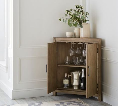 Brooklyn Corner Bar Small Corner Liquor Cabinet, Bar In Corner Of Living Room, Corner Wine Fridge, Small Bar Area In Living Room Corner, Corner Bar Cart Ideas, Small Corner Bar Cabinet Ideas, Corner Decorating Ideas Dining Room, Corner Bar Ideas For Home Small Spaces, Corner Bar Cart