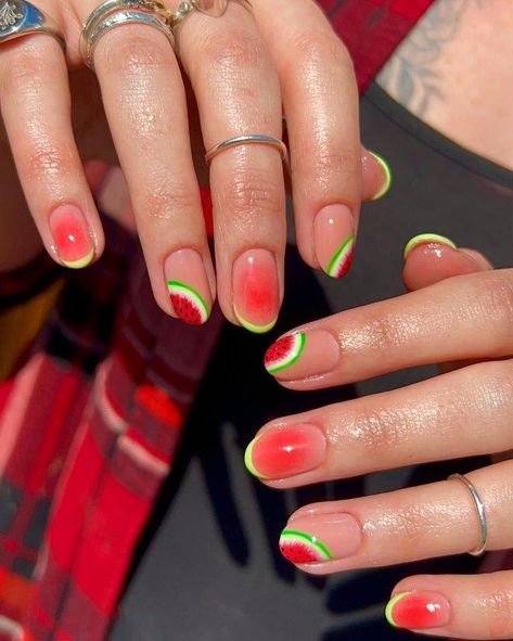 Cute Watermelon Nails, Watermelon Nail Art Design, Gel Nails Watermelon, Watermelon Nail Ideas, Nail Art Watermelon, Watermelon Gel Nails, Holiday Gel Nails Summer, Funky Summer Nail Art, Nails For Holiday Summer