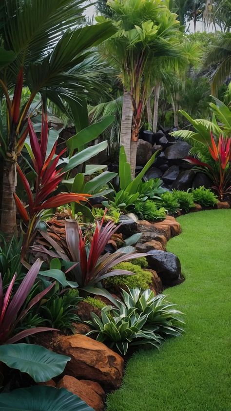 Unlock Tropical Bliss with 15 Landscaping Ideas 39 Tropical Courtyards Landscape Design, Tropical Ranch House, Tropical Slope Landscaping, Tropical Hillside Landscaping, Backyard Tropical Landscaping, Tropical Home Garden, Tropical Pergola Ideas, Florida Landscaping Around Pool Cage, Cycads Landscape Design