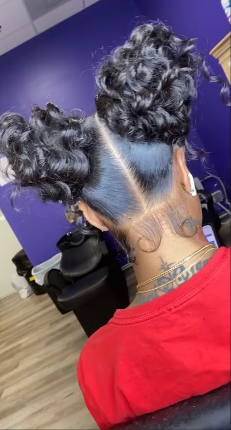 2 Curly Buns With Weave, 2 High Buns Hairstyle, Two Curly Buns With Weave, 2 Buns Hairstyle Black, 2 Curly Buns, Two Buns Hairstyle Black Women, Weave Bun, Pressed Natural Hair, Silk Press Natural Hair