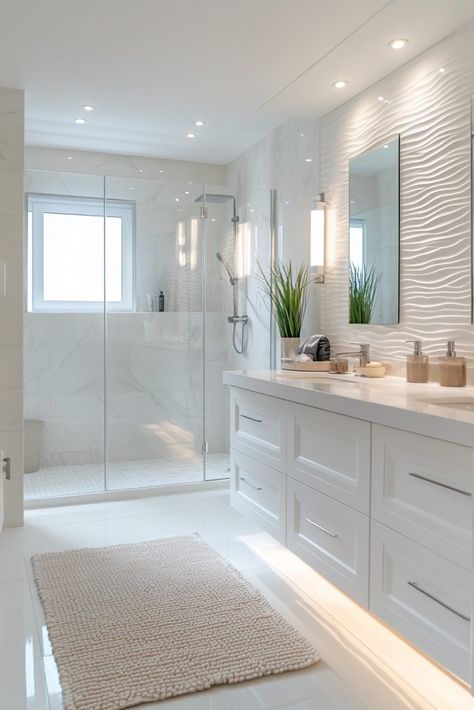 29 Minimalistic Bathroom Ideas for a Tranquil Space 11 Small White Bathroom Ideas Modern, Soft Modern Bathroom, Calming Bathroom Ideas Master Bedrooms, Low Maintenance Bathroom Design, White Simple Bathroom, Light Grey Walls Bathroom Ideas, Clean Girl Aesthetic Bathroom Ideas, Grey White Bathroom Ideas, Bathroom Interior Design Modern White