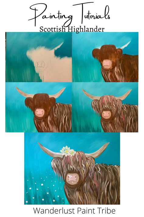 Step By Step Highland Cow Painting, Scottish Artists For Kids, Canvas Paint Tutorial, Scottish Highland Cow Painting, Acrylic Highland Cow Painting, Paint Highland Cow, How To Paint Cows, Animals To Paint On Canvas, Cow Canvas Painting Ideas