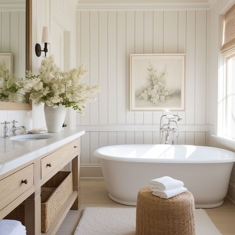 Bathroom With A Makeup Vanity, White Panel Bathroom, Lowcountry Bathroom, Tile Farmhouse Bathroom, Cottage Bathtub, Paneled Bathroom Walls, Oak Floor Bathroom, White Cottage Bathroom, Wood And White Bathroom