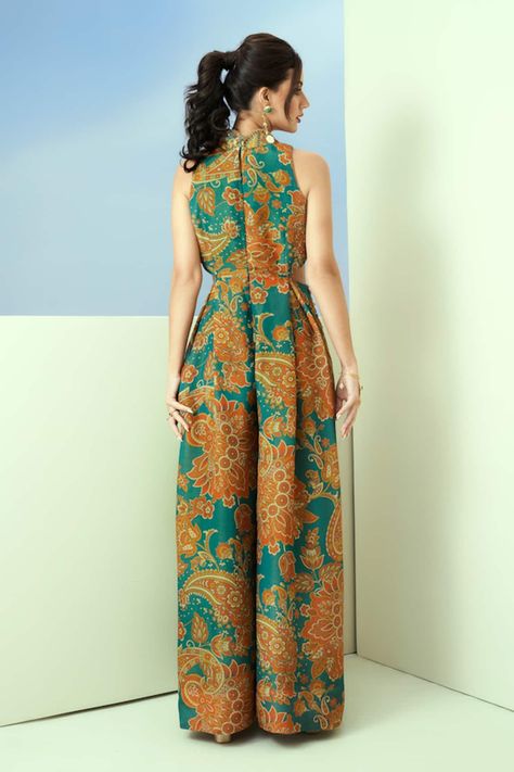 Buy Taavare Blue Tissue Organza Floral And Paisley Print Jumpsuit Online | Aza Fashions Banarasi Jumpsuit, Traditional Jumpsuit, Simple Suits, Indian Fits, Cutout Jumpsuit, Trendy Outfits Indian, Outfits Indian, Indian Outfits Lehenga, Stitching Ideas