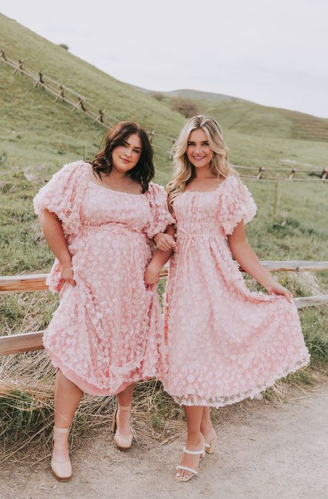 Plus Midi Dresses Pink Dress Puff Sleeves, Pink Prom Dresses Sleeves, Pink Bridesmaid Dress Plus Size, Plus Size Pink Bridesmaid Dresses, Pink Tiered Maxi Dress, Pastel Dress Plus Size, Garden Party Maxi Dress, Pink Baby Shower Dress For Mom, Pink Bridesmaid Dresses Plus Size