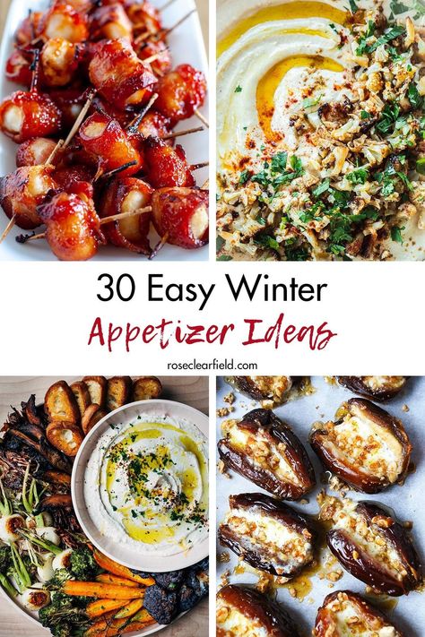 A round-up of 30 easy winter appetizer ideas for all of your cold weather entertaining! Quick sweet and savory appetizer recipes that are perfect for birthday parties, bridal showers, baby showers, and more. #appetizers #appetizerrecipes #easyappetizers Displaying Appetizers Presentation, Winter Wonderland Savory Food, Savory Winter Appetizers, Hosting Appetizers Entertaining, Winter Party Snacks For Adults, Wine And Horderves Party, Starter Plates Ideas, Caprese Wreath Holiday Appetizer, Winter Crostini Appetizers