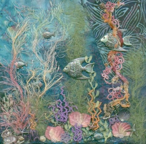 Something from Nothing: Fantasea Reef by Lisa Caryl Textile Artwork, Underwater Scenes, Sea Quilt, Crazy Quilt Blocks, Fabric Postcards, Crazy Patchwork, Diy Event, Fabric Journals, Crazy Quilting