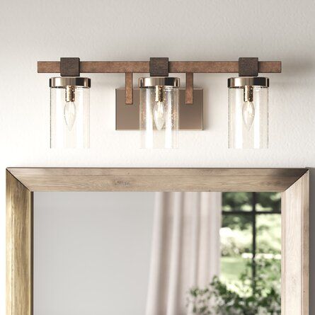 Union Rustic Lipsey 3-Light Dimmable Stone Grey/Brushed Nickel Vanity Light | Wayfair Bathroom Vanity Lighting Brushed Nickel, Vanity Lighting Brushed Nickel, Bathroom Brushed Nickel, Restroom Remodel, Vanity Lights Bathroom, Lights Bathroom, Cabin Lighting, Minka Lavery, Bathroom Idea