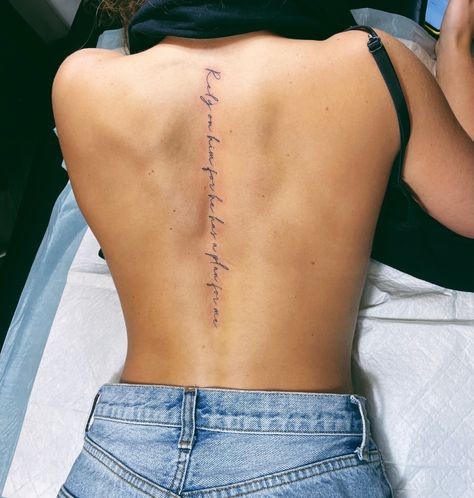 Text Spine Tattoo, Lady Spine Tattoo, Fine Line Tattoo Down Spine, Quote Tattoo On Spine, Asthetic Tattoos Spine, Spine Cursive Tattoos For Women, Handwriting Spine Tattoo, Proverbs 31 25 Spine Tattoo, Spine Verse Tattoo