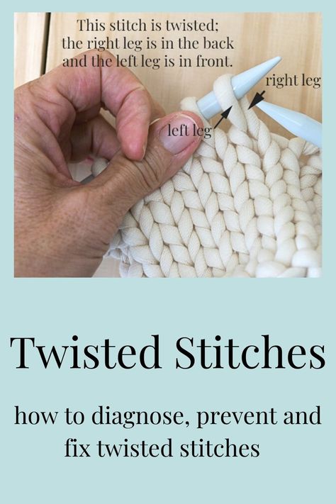 This post discusses what Twisted Knit Stitches are, how to prevent a twisted knit stitch and how to fix twisted stitches when knitting. Plus, how to put knit stitches back on needles so that they aren't twisted. Knitting Twisted Stitches, Twisted Stitch Knitting, Twisted Knit Stitch, Knitting Knowledge, Yarn Weight Chart, Knitted Stitches, Room Crafts, Knitting Abbreviations, Yarn Twist