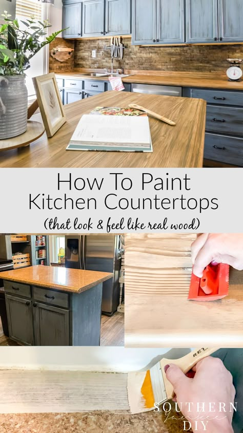 Painting Laminate Countertops To Look Like Wood: The Easy & Affordable Way! Update old & boring countertops to look & feel like real wood using Retique It Wood' N Finish Countertop Kit #countertopmakeover #kitchencountertop #paintedcountertop #kitchencountermakeover #DIYcountertops #paintedwoodcountertops #countertopDIY Laminate Countertops To Look Like Wood, Wood Stain Countertops, Makeover Countertops Kitchen, How To Make Countertops Look Like Wood, Painting Laminate Countertops To Look Like Wood, Laminate Wood Countertops Kitchen, Update Old Countertops, Diy Faux Wood Countertops, Paint Wood Countertops