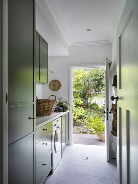 The laundry of this country home features deep green shaker-style cabinetry. Country Laundry, Upstairs Addition, Green Laundry, Mudroom Design, Utility Rooms, Nyc Apartment, Australian Homes, Cool Countries, Historic Home