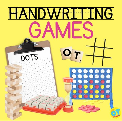 These handwriting games are pencil and paper games and board games that support handwriting skills. As occupational therapy providers, we love to provide meaningful and motivating activities to foster function…and games are one way to do that! Letter Sizing Occupational Therapy, Occupational Therapy School Based Activities, Occupational Therapy Handwriting Games, Occupational Therapy Writing Activities, Occupational Therapy Projects, Occupational Therapy Handwriting Activities, School Based Occupational Therapy Interventions, Peds Occupational Therapy, Occupational Therapy School Based Ideas