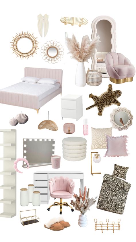 Pink Bed Inspo Aesthetic, Room Ideas Gold And Pink, Pink And Gold And White Bedroom, Preppy Themed Room, Clean Cute Room, Pink Gold And White Bedroom Aesthetic, Gold White Pink Bedroom, Places To Get Room Decor, Light Pink And Gold Bedroom