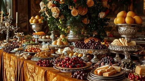 StockCake A lavish spread of fresh fruits, exquisite desserts, and luxurious silverware set for an elegant banquet. Cheese Buffet, Feast Table Aesthetic, Fruit Spread, Banquet Aesthetic, Christmas Banquet, Royal Dinner Table, Banquet Table, Royal Banquet, Luxury Catering