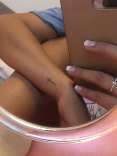 Cross With 2 Hearts Tattoo, Dainty Catholic Tattoos, Believe Tattoos For Women, Small Christian Tattoos For Women, Dainty Christian Tattoos, Boyfriend Name Tattoos, Cross Tattoo On Hand, Tiny Cross Tattoo, Ephemeral Tattoo