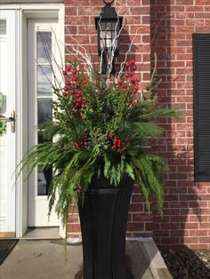 Outdoor Holiday Planters, Christmas Urns, Holiday Planter, Winter Planter, Christmas Planters, Holiday Arrangement, Christmas Front Doors, Christmas Front Porch, Front Porch Christmas